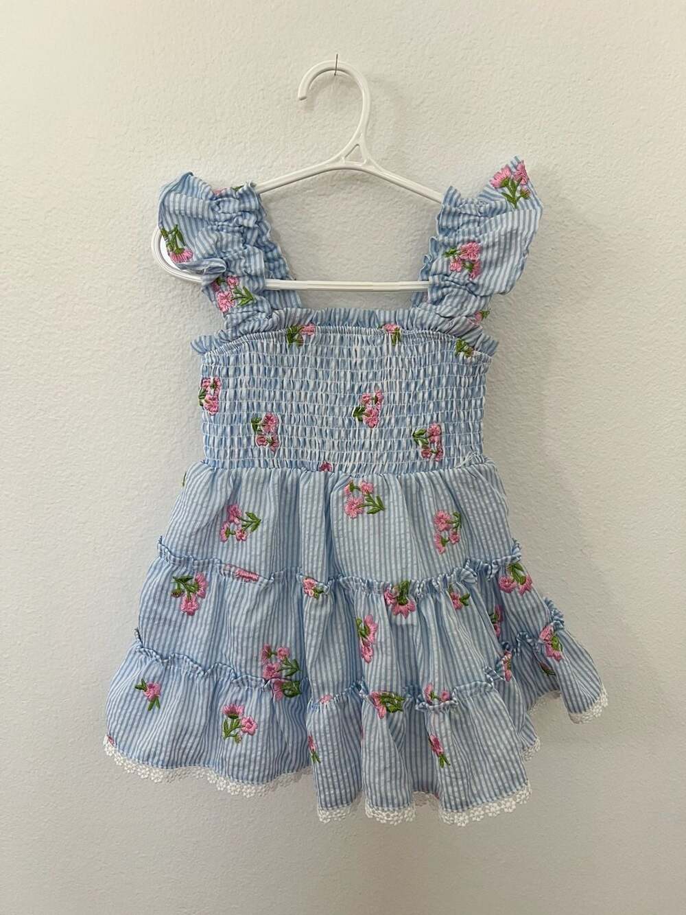 Rare Editions Toddler Girls Seersucker Floral Embroidered Flutter-Sleeve Dress